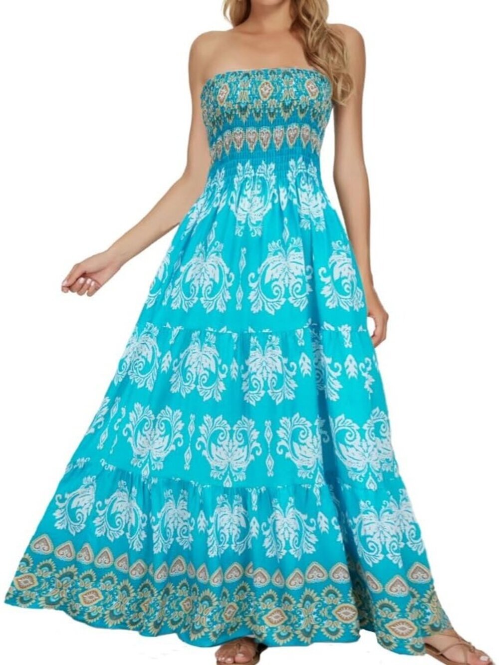 Women's Blue White Flower Tube Top Off Shoulder Boho Beach Long Maxi Dress